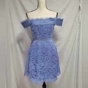 Francesca's fit + flare lace overlay polyester off the shoulder mini dress, sz M